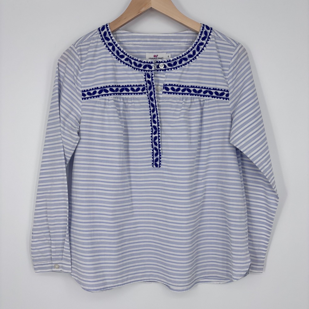 Vineyard Vines Blouse Womens Small‎ Blue Striped Embroidered Henley Top Coastal